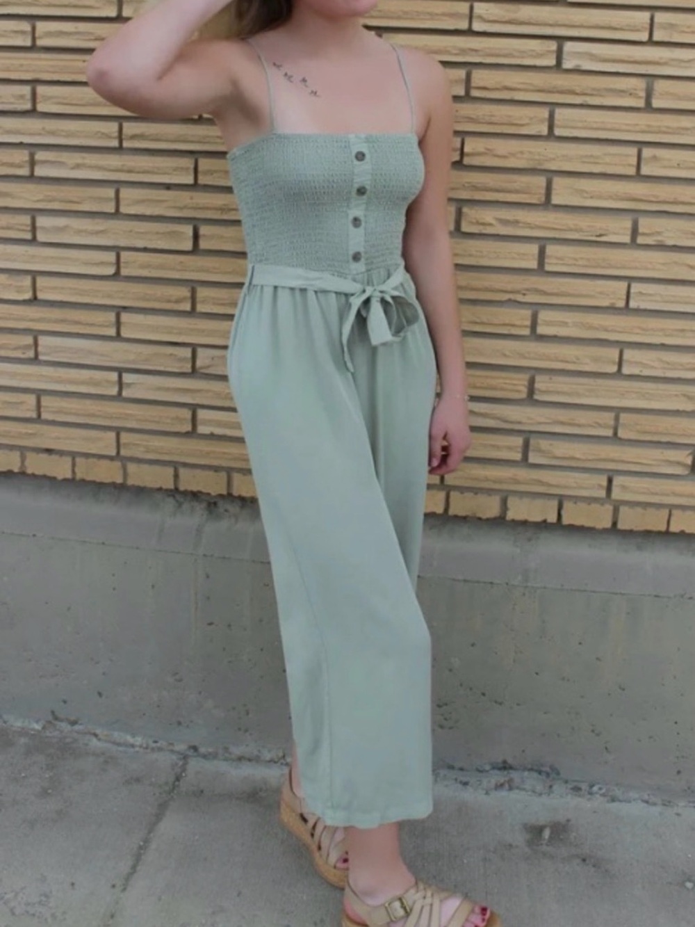 Pink Lily Light Sage Smocked Bodice Wide-Leg Jumpsuit